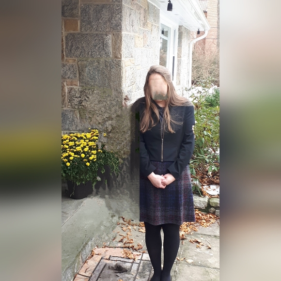 Luc Fontaine 🇨🇦 Gray Black Purple Plaid Gentle Midi Flair Sweater Dress sz 12 - Picture 7 of 7